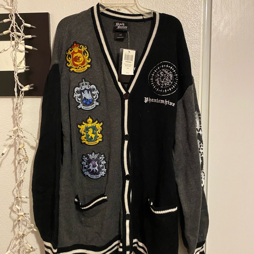 Hot Topic Black and Gray Cardigan with Crest Patches